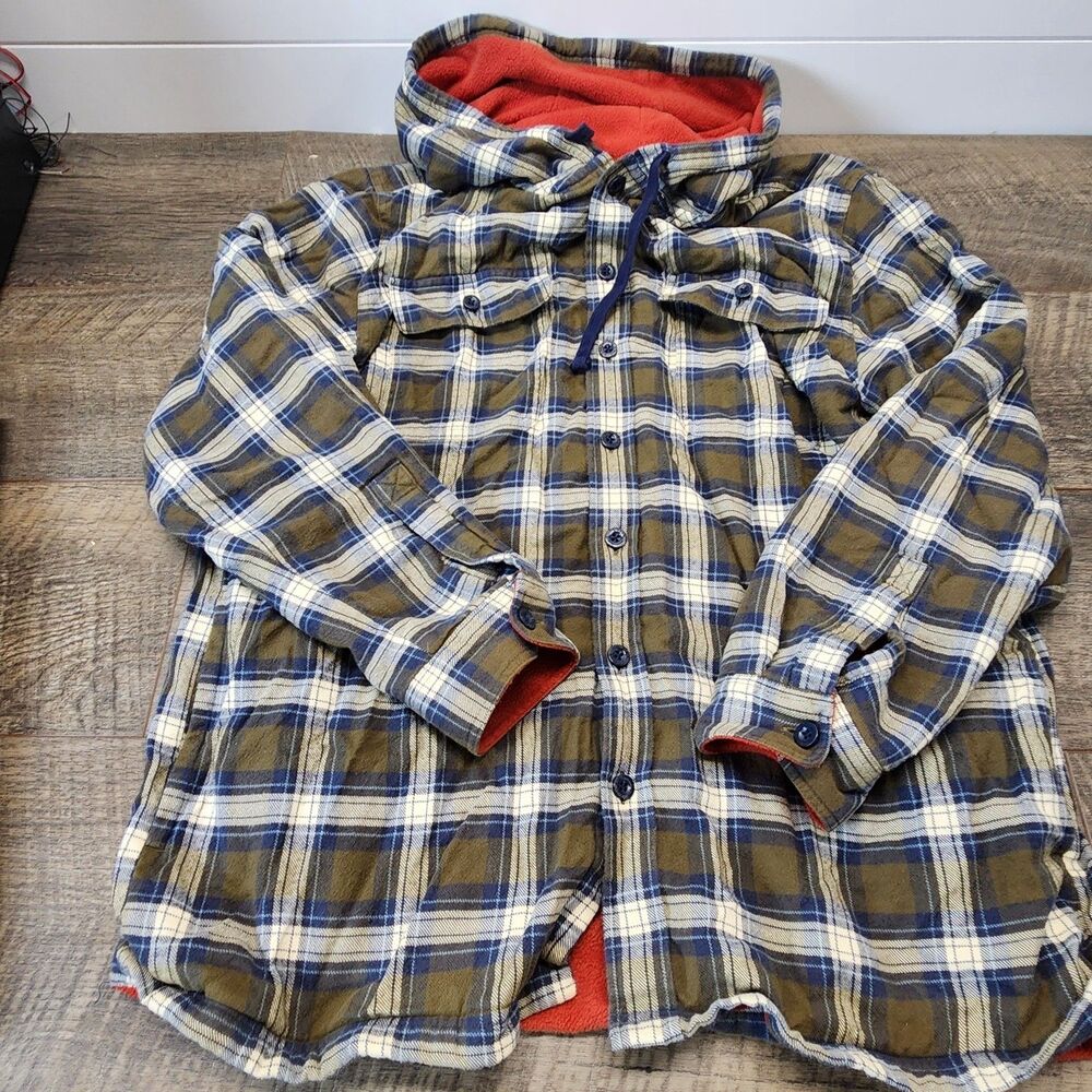 LL BEAN Fleece Lined Plaid Flannel Hooded Shirt Jacket LARGE Camp Chore 298193